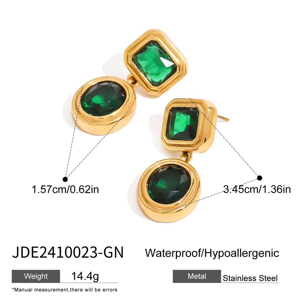 Youthway Vintage Luxury Stainless Steel Geometric White Green Rhinestone Drop Earrings For Women Anti Allergic Jewelry Set