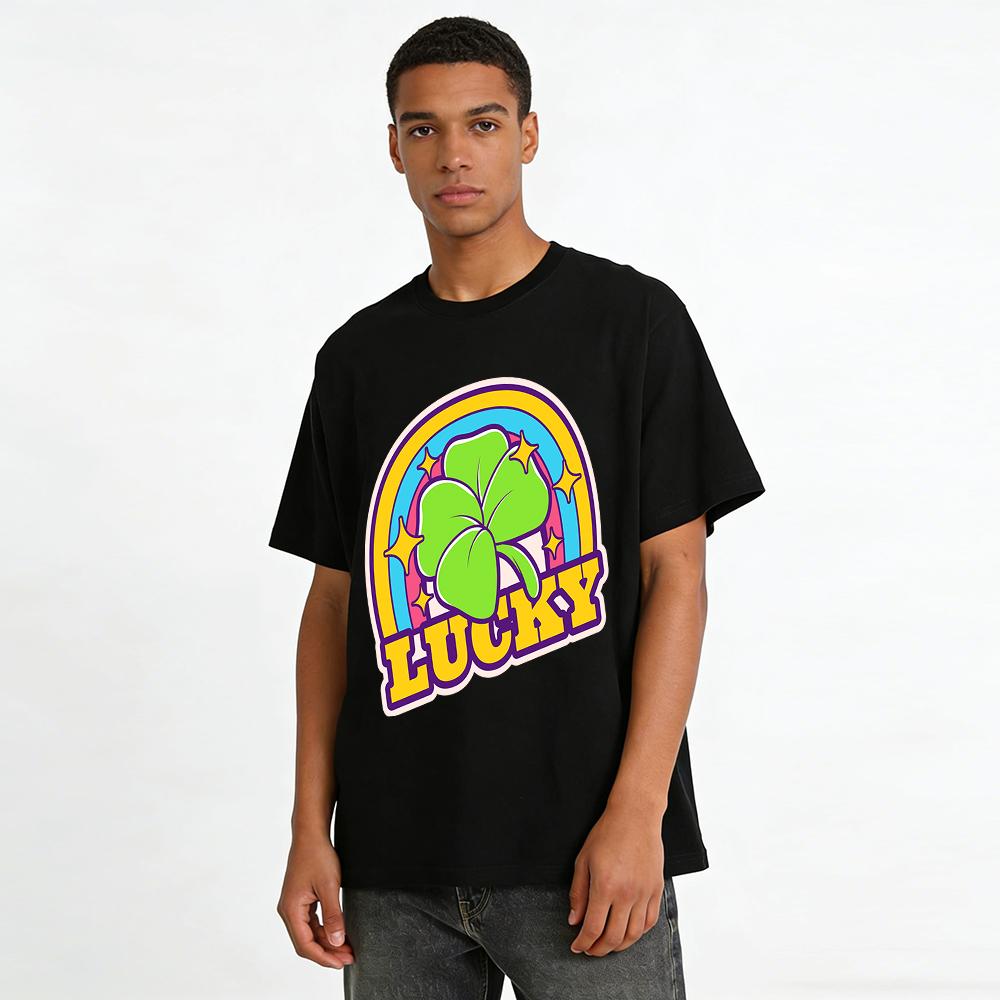 St. Patrick's Day Lucky Clover Rainbow Print T-Shirt Casual Loose Fit Unisex Top Pure Cotton T-shirt