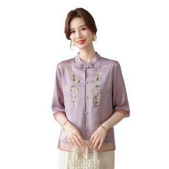Elegant Summer Chiffon Top for Middle-Aged Women - Chinese Style Mid-Sleeve Shirt 2026 4XL