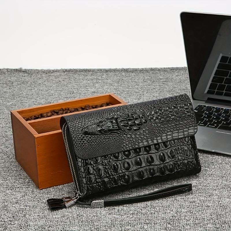 Genuine Leather Men's Wallet Crocodile Texture Business Card Holder Luxury RFID Blocking Slim Bifold Zipper Clutch Pouch