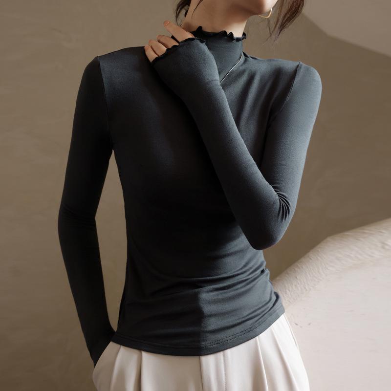 Elegantly Designed Women's Ruffle-Edged Half-High Neck Long-Sleeve Top for Autumn/Winter