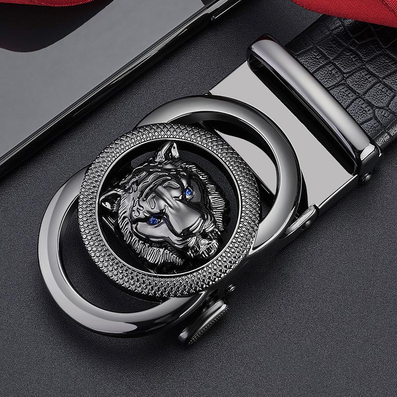 Men's Genuine Leather Belt with Lion Head Automatic Alloy Buckle