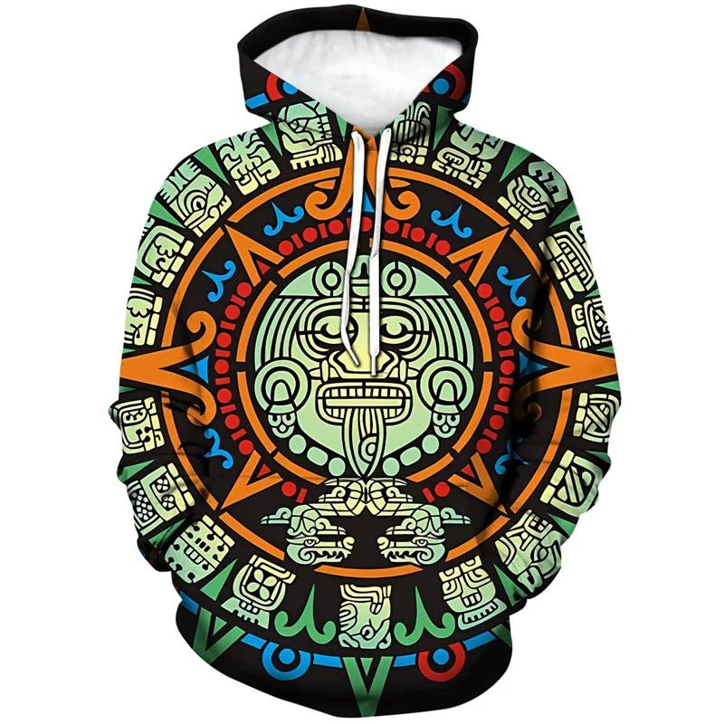Bluzy z kapturem Mexico Aztec drukowane w 3D dla mężczyzn Starożytne totemy Meksykańskie graficzne bluzy z kapturem Codzienne luźne bluzy z kapturem z długim rękawem