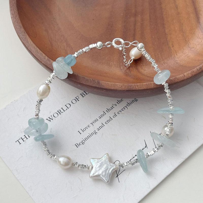Luxury High Quality 925 Sterling Silver Natural Blue Stone Freshwater Pearl Beaded Bracelet for Women Summer Jewelry