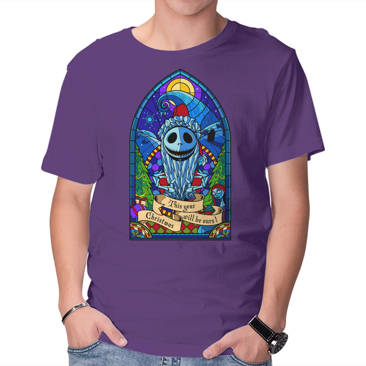 Unisex Crew Neck T-Shirt Stained Glass X-Mas Graphic Short Sleeve Casual Tee XS
