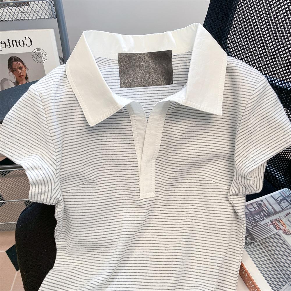 No price reduction #Design sense niche striped shoulder polo lapel short-sleeved T-shirt women's summer new top