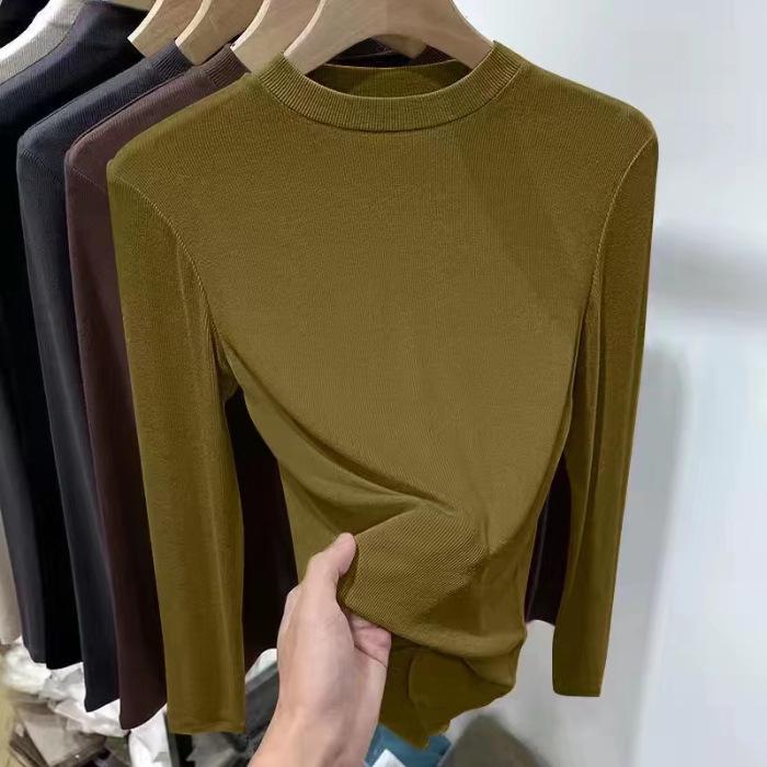 Tricou cu guler mic, față-verso din fleece, pentru femei, croială slim, cu mânecă lungă – Versatil pentru primăvară/toamnă, stil european, top cu nervuri