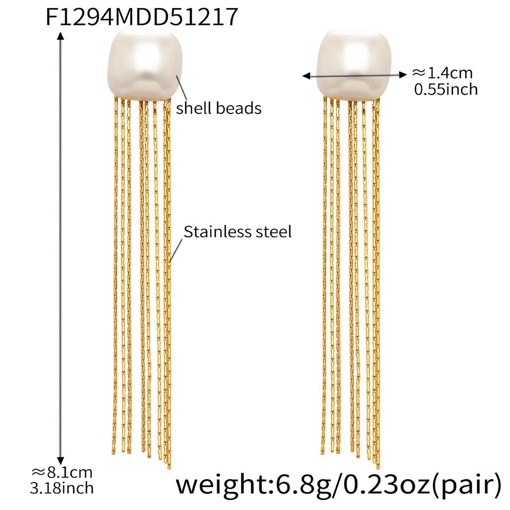 18K Gold Plated Stainless Steel Geometric Pearl Tassel Earrings - Versatile European & American Fashion Style