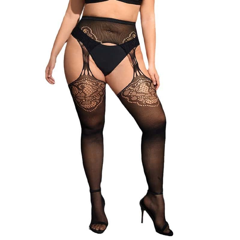 Plus Size Women's Lace Top Mesh Thigh High Sheer Stockings Anti Skid Silicone Fishnet Long Socks Over Knee Stocking Sexy Pantyhose