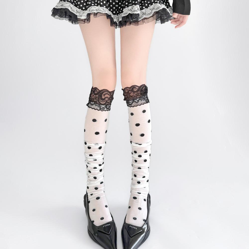 Süße Gepunktete Overknee-Socken Damen Hoher Bund Spitzenbesatz Dehnbar Lange Strümpfe Atmungsaktiv Sexy Dünne Lange Schlauchsocken Täglich
