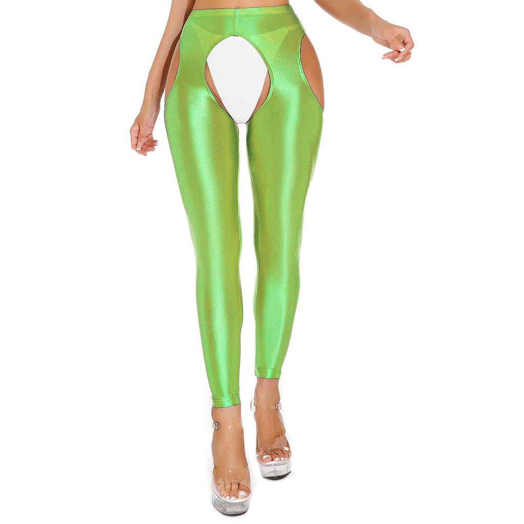 Colanți lucioși de damă cu talie înaltă, cu decupaj pe coapsă și design cu șliț deschis, pantaloni de yoga elastici cu decupaje, pentru antrenament și club
