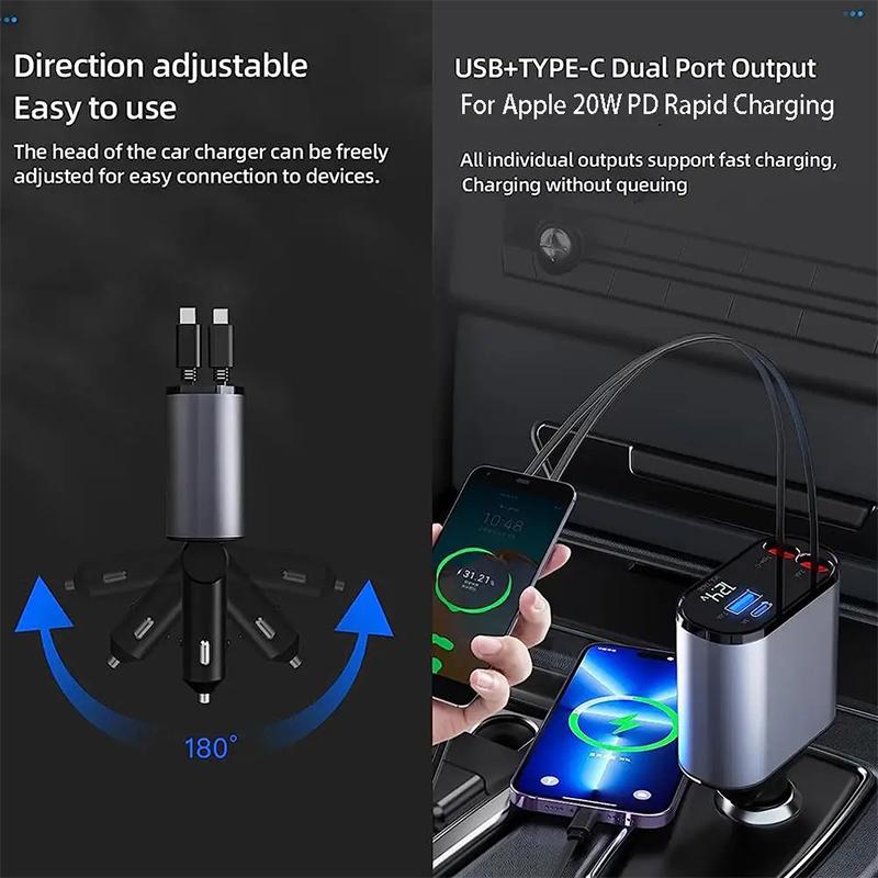 100W 4 IN 1 Retractable Fast Car Charger USB Type C Cable For iPhone Samsung Fast Charge Cord Car Cigarette Lighter Adapter