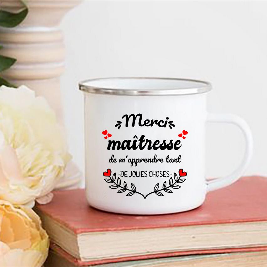 Creative Merci Maîtresse Print Mugs Coffee Cups Drinks Water Milk Cup Enamel Mug School Home Handle Drinkware Gift for Maîtresse