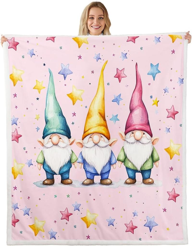 Cartoon Gnomes Fleece Blanket,Dwarf Throw Blanket Throw for Bedroom Living Rooms Sofa Couch,Colorful Stars Sherpa Blanket