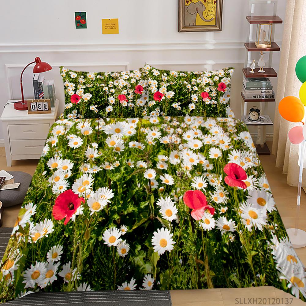 3D Printing Household Bedding Set Chrysanthemum Printing Pillowcase and Quilt Cover 2/3 Pieces of Plant Microfiber Comfortable Household Bedding