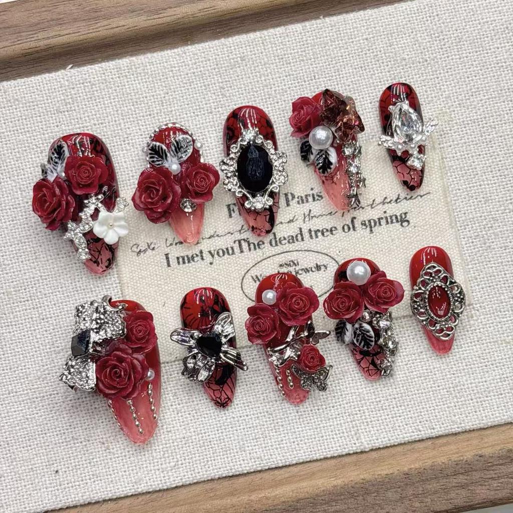 Square Press on Nails Almond Fake Nails French Tip False Nails with 3D Design Full Cover Acrylic Glue on Nails Artificial Stick on Nails for Women