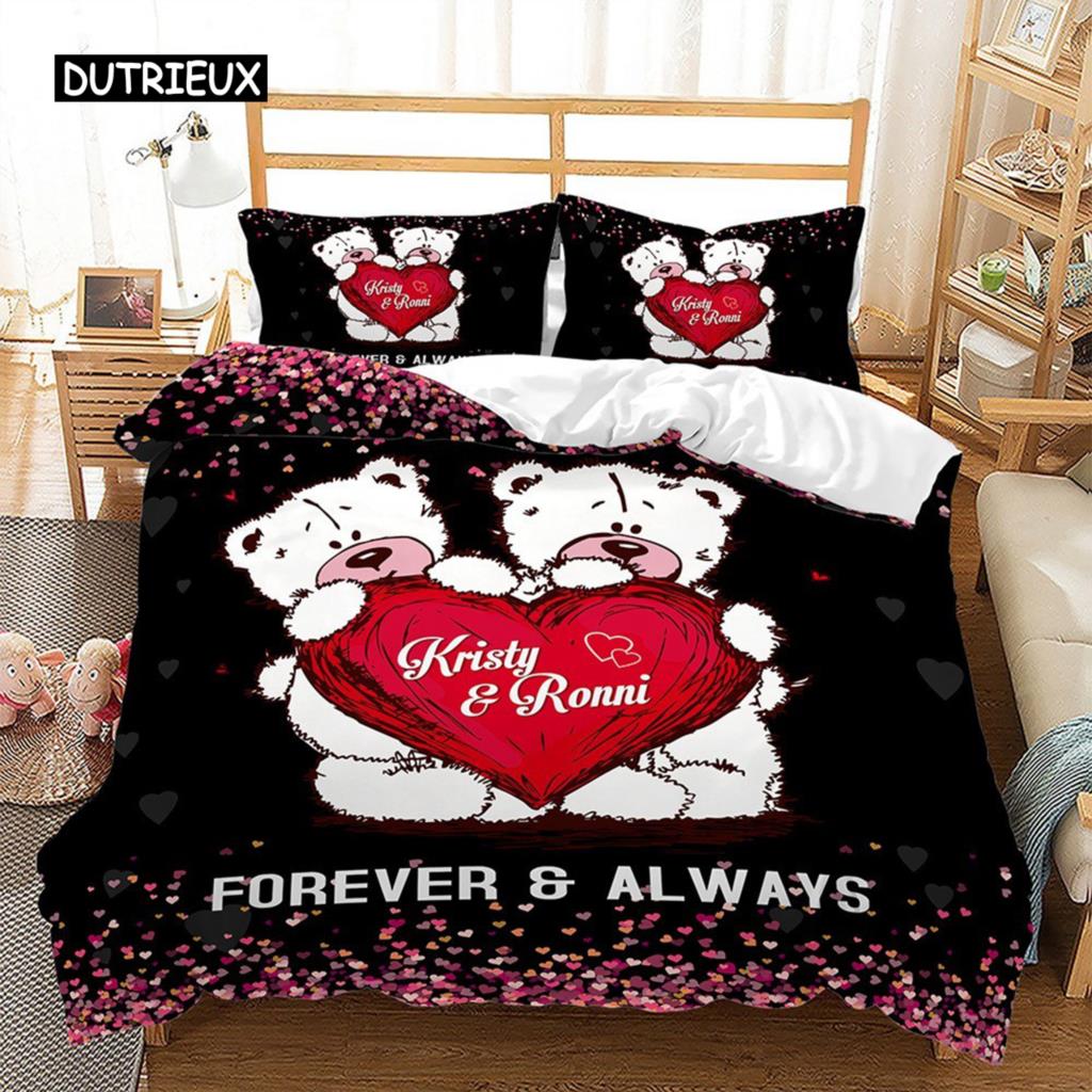 Pink Valentine's Day Love Heart Name Bedding Sets Single Double Size Fashion Flower Rose Duvet Cover for Bedroom Decorations