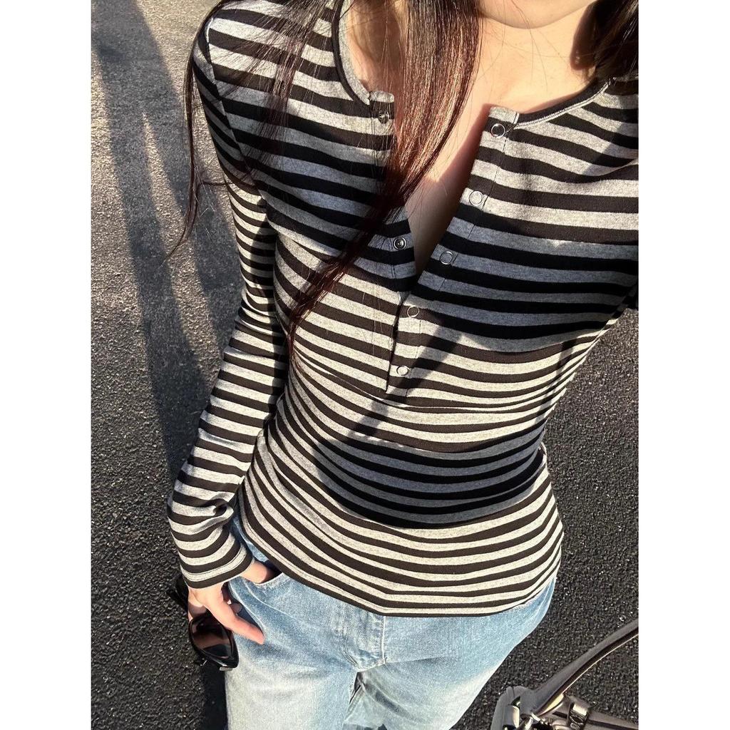 2026 Spring Autumn Women's Slim Fit Color Block Striped Long Sleeve T-shirt: Waist-Cinching Base Top