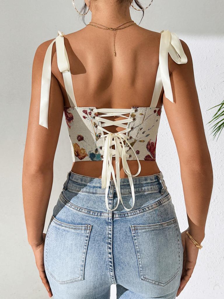Glory Sexy fishbone corset French floral vintage new style printed color-blocking slim-fit strap ca
