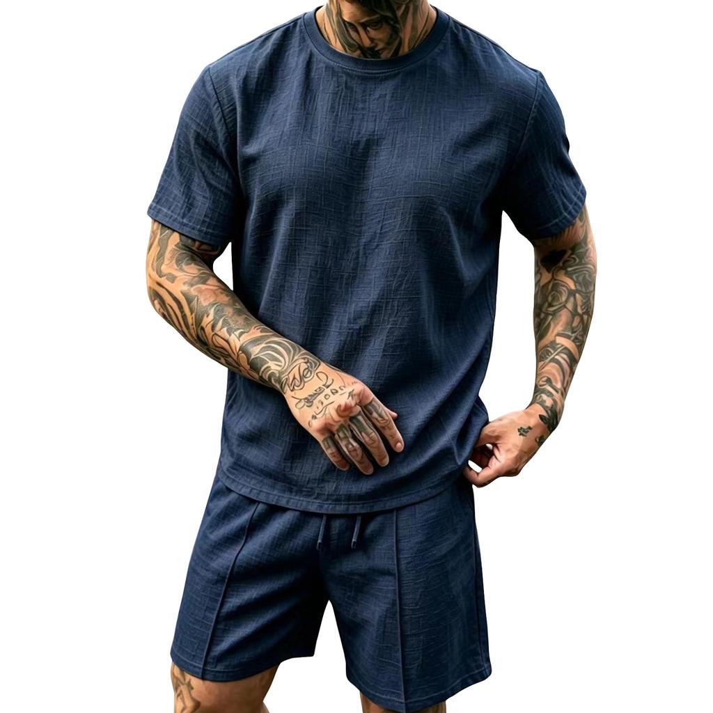 Herren Leinen Kurzarm Rundhals Oberteil und Shorts Set Leicht Atmungsaktiv Lässiges Sommer Outfit Geeignet für Draußen und Drinnen
