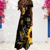 Women Plus Size V Neck Short Sleeve Floral Printed Dark Blue Straight Maxi Dress