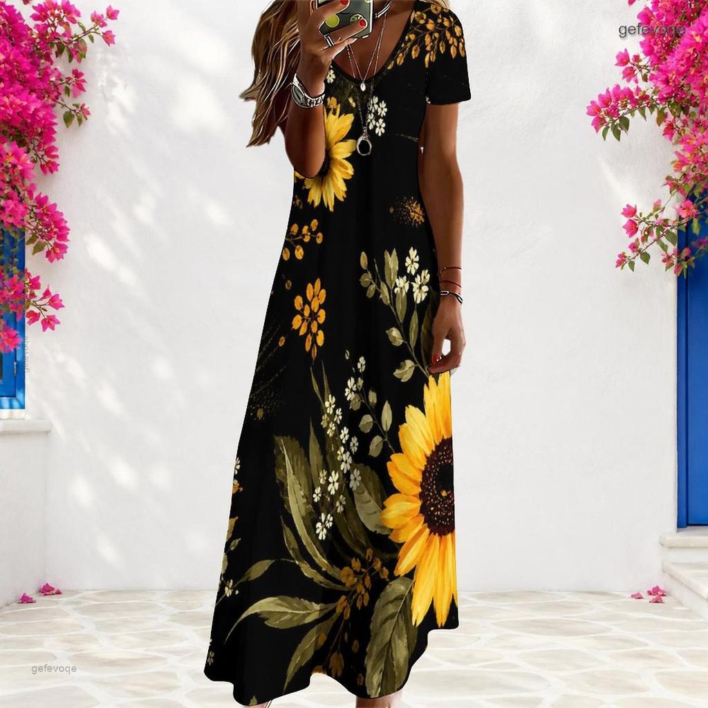 Women Plus Size V Neck Short Sleeve Floral Printed Dark Blue Straight Maxi Dress
