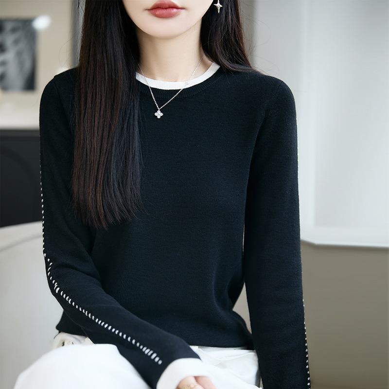 Autumn and winter worsted wool sweater crew neck knitted sweater long sleeve women's color matching loose pullover bottoming shirt top