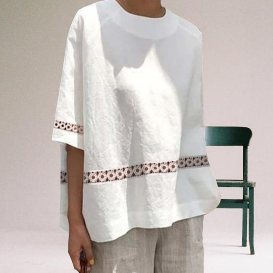 O-Neck pół rękawa damska bluzka drążą koronkowe szwy luźny krój cienka jednokolorowa koszula retro Top Streetwear