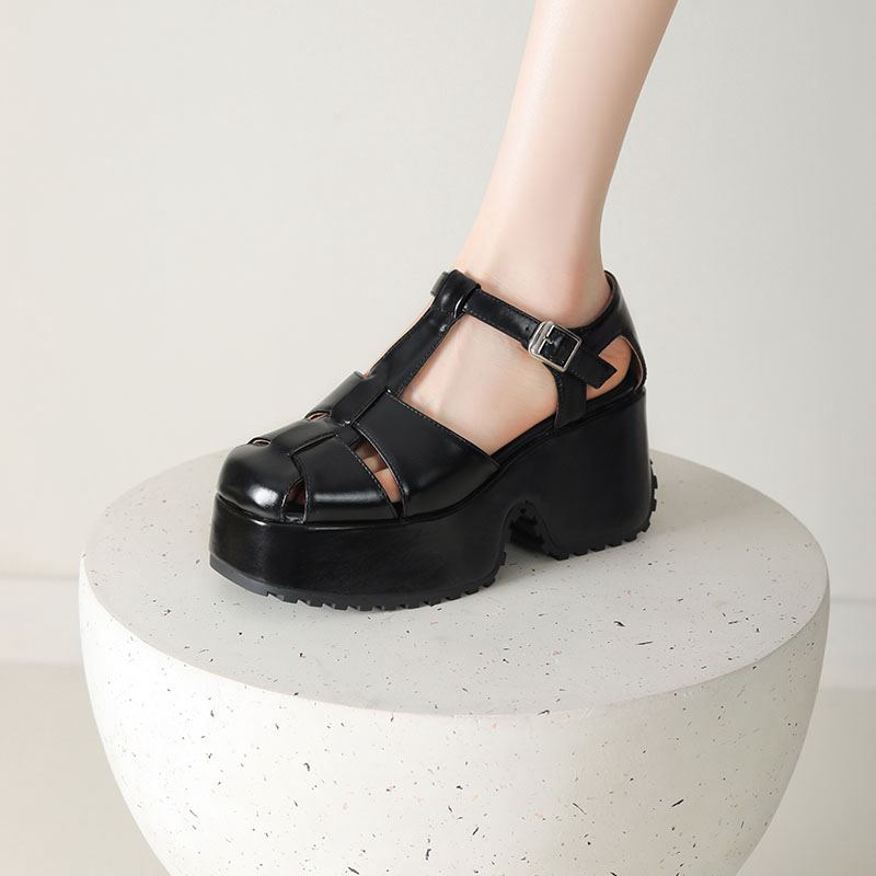 Krazing Pot Polyurethane Spring Summer Size 43 Size 42 Prints Women Platform Women Round Toe Buckle Straps Waterproof Sandals