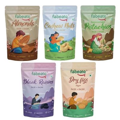 Fabeato Dry Fruits & Nuts Combo (200g X 5) Almonds,Cashews,Pistachios,Dry Fig,Seedless Black Raisins