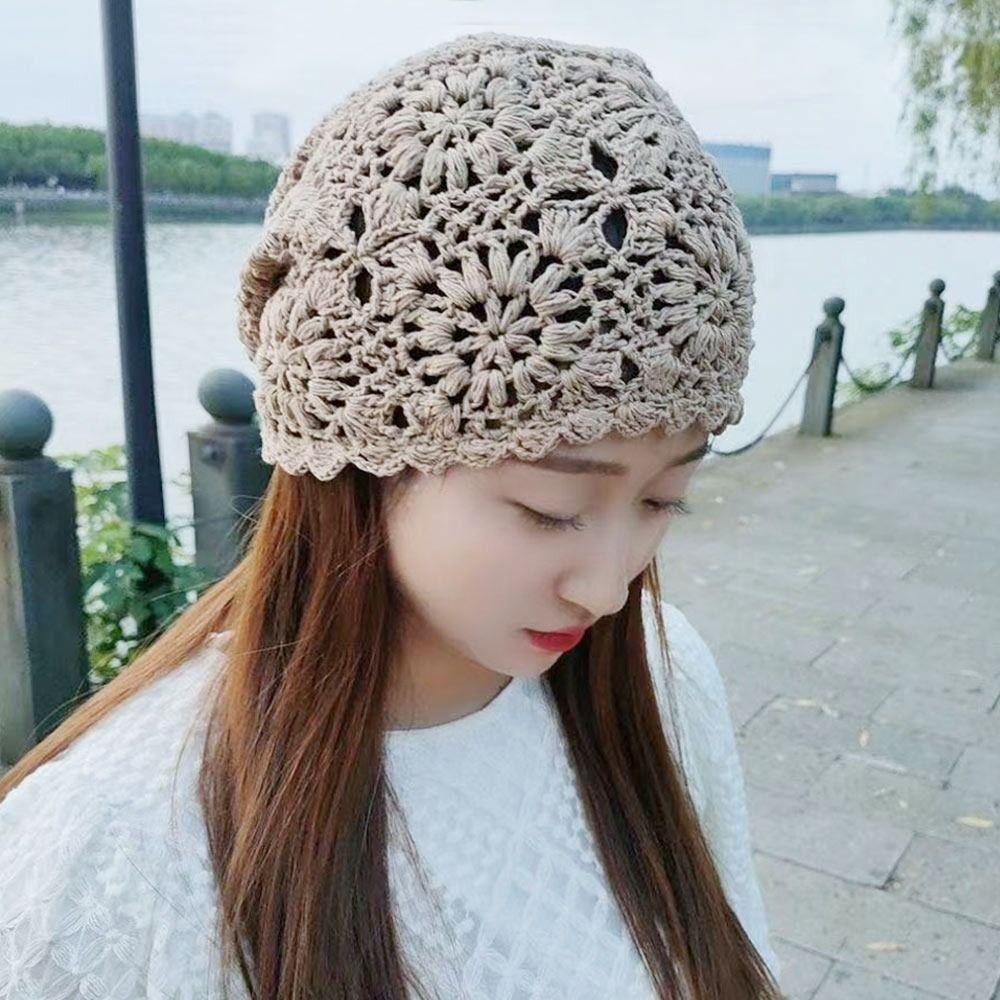 Bonnet tricoté creux à fleurs, pare-soleil respirant, Skullies, pour femme