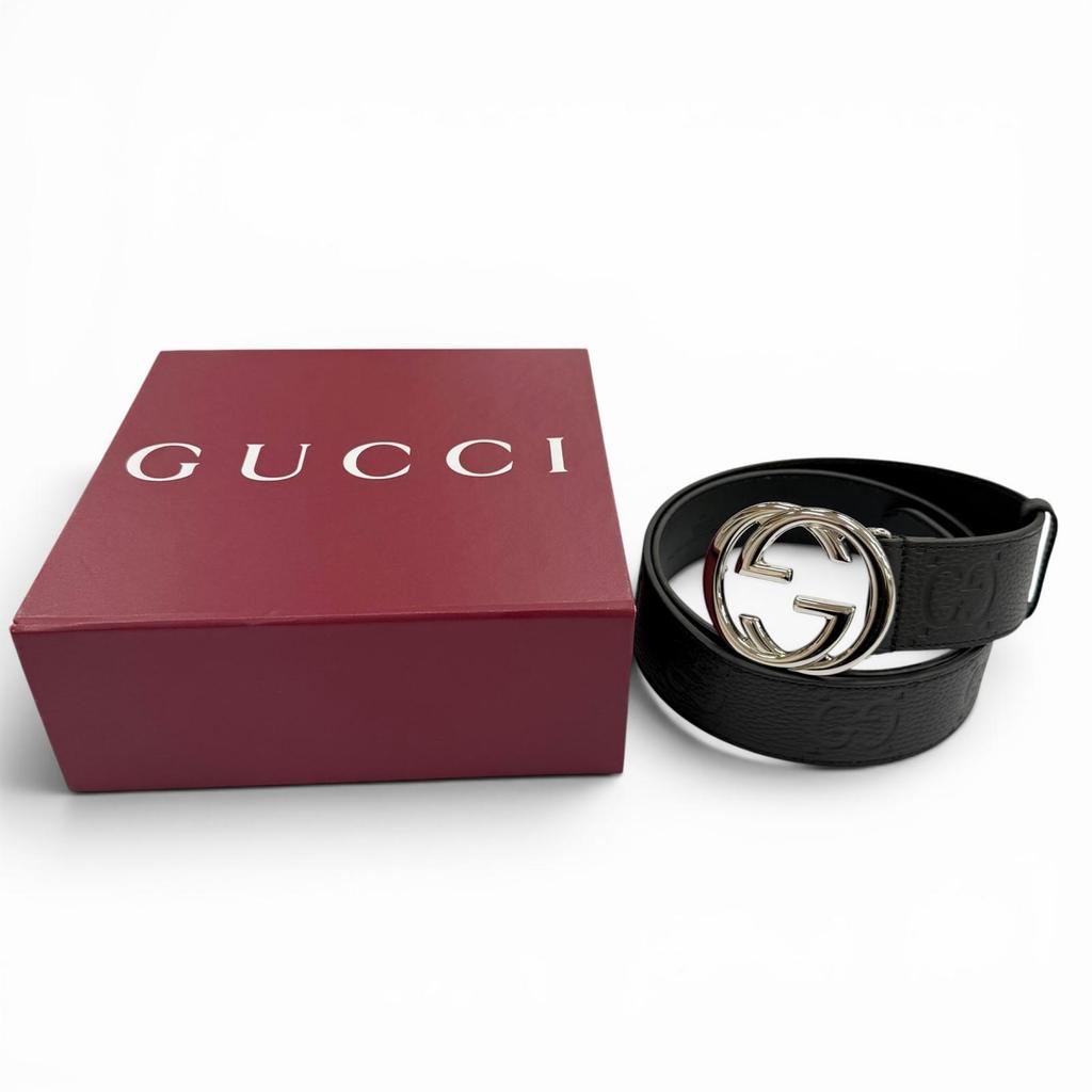 Great GUCCI belt GG pattern interlocking G black leather mens 794196 Used