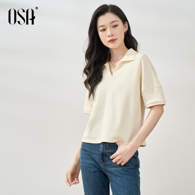

OSA OSHA Однотонная Повседневная Футболка-поло с коротким рукавом Женская 2025 Осень и Лето Новая Приталенная Молодежная Короткий топ Meters apricot XS