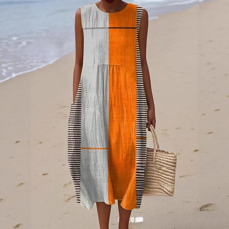 European and American New Summer Flower Ocean Printing European Size Round Neck Sleeveless Long Dress Creative Loose Dress
