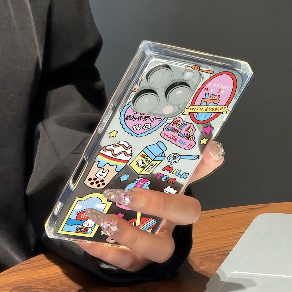 Clear Square Back Tube Case Protection For iPhone 14 Pro Max 12 13 16 ProMax 15 Plus 11 Anti-Oxygen,Milk Tea Pattern Casing