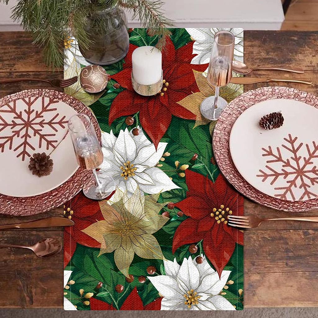 Weihnachts-Poinsettia Tischläufer Leinen Künstliche Küchen-Esszimmer-Dekoration Für Innen- und Außenbereich Zuhause Hochzeitsparty