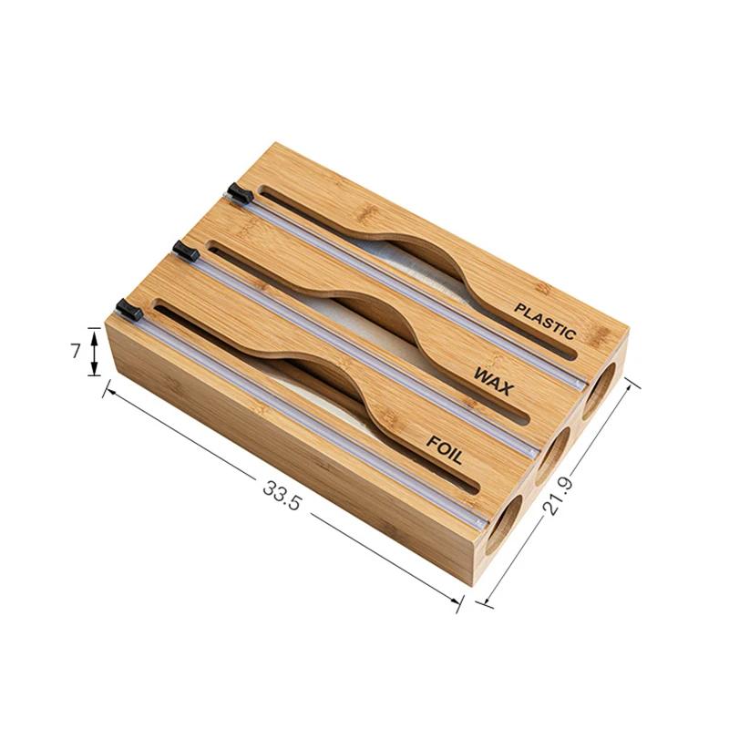 Wooden Cling Film Cutter Three Way Cling Wrap Dispenser Wall Mounted Kitchenware Multi Compartment Multi Layer Hidden Scratchers