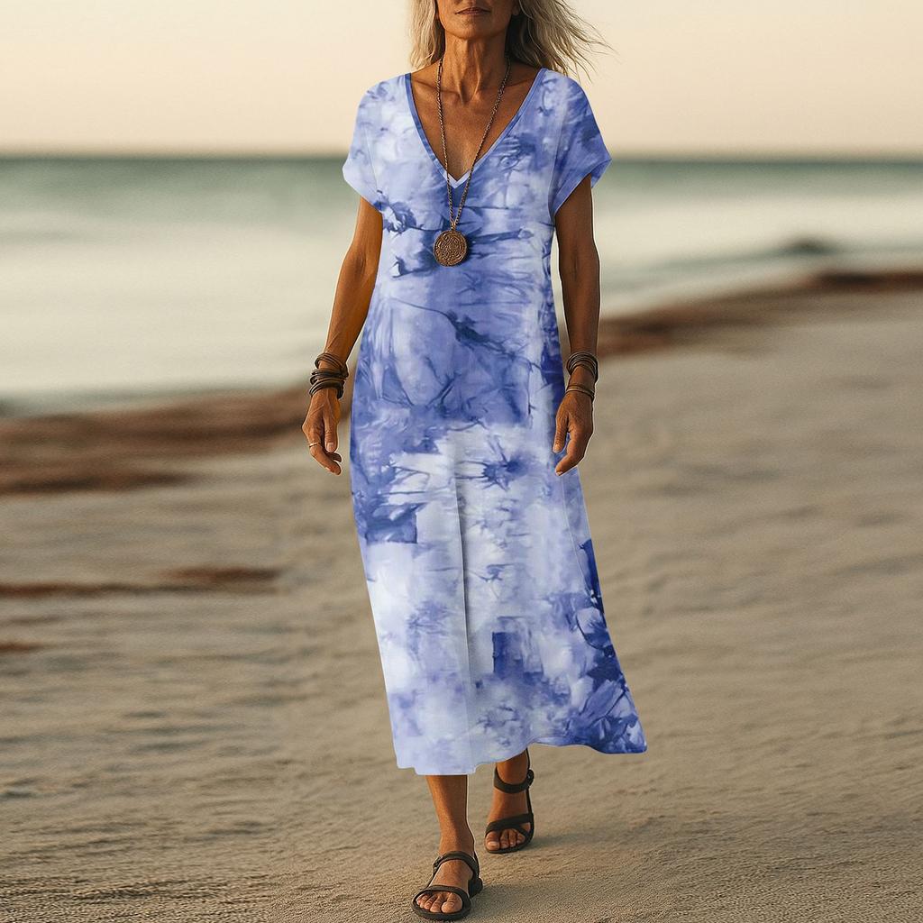 Summer Dress Women's Long Boho Beach Dress Elegant Maxi Dress V-Neck Short Sleeve Summer Tunic Dress Light Airy