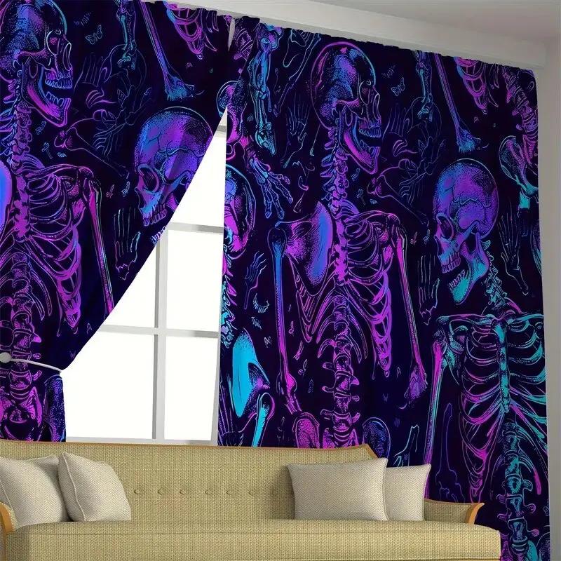 All Season Halloween Fluorescent Skull Pattern Printed Curtains Window Decorations Home Room Curtain Set Of 2 Made Polyester Washable