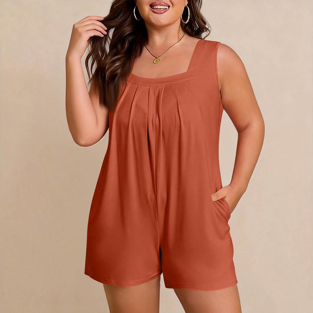 Women's Plus Size Casual Tank Top Sleeveless Pocket Jumpsuit Shorts Set