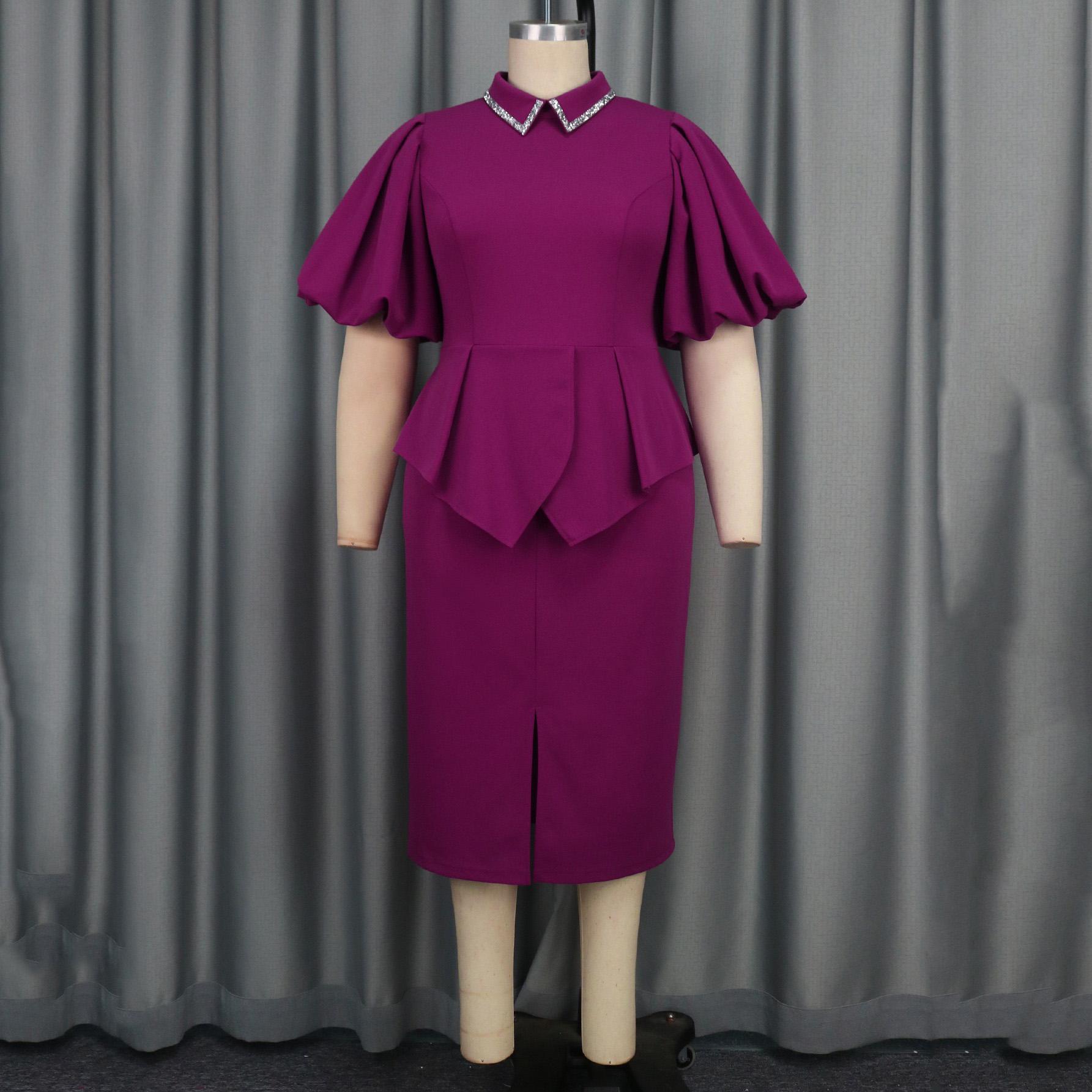 

2026 Turn Down Collar Luxury Dresses Women New Lantern Sleeve Solid Sheath Mid Calf Fashion Female Party Dinner Dress XXXL фіолетовий