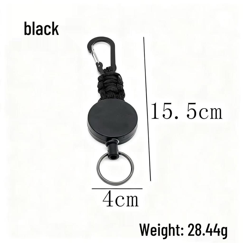 4CM Black Plastic Carabiner Paracord Retractable Keychain with High Elastic Easy-Pull Buckle