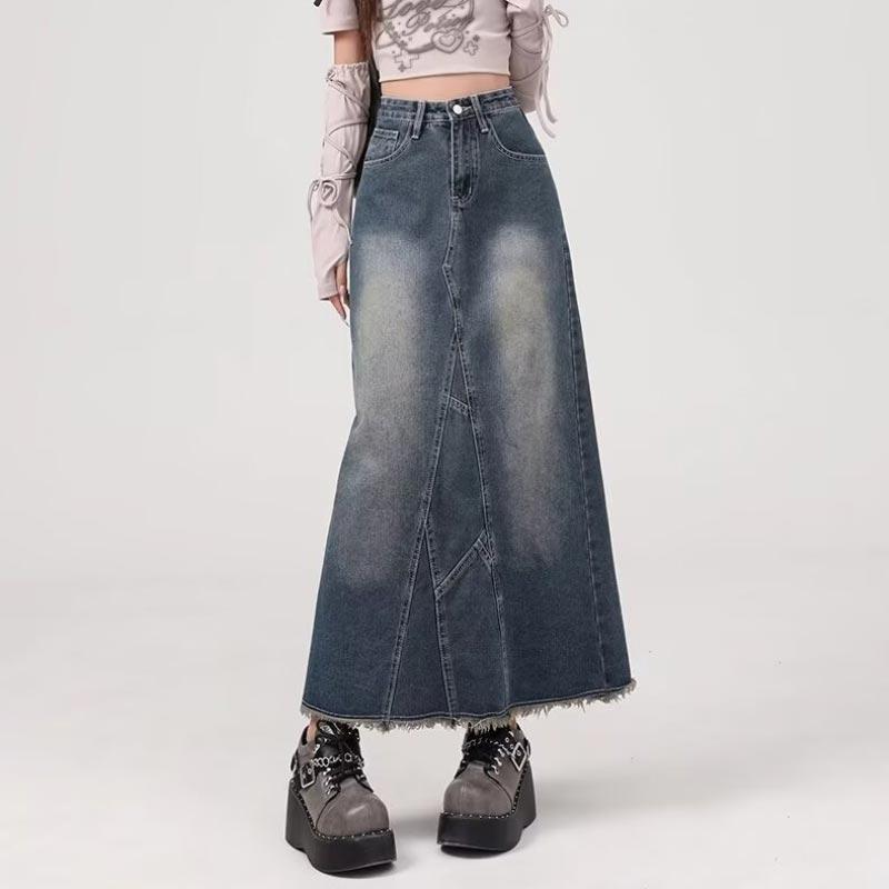 

Винтажная джинсовая юбка средней длины с необработанным краем для женщин, весна-осень, высокая талия, прямая юбка А-силуэта с разрезом, одежда Y2k, большие размеры 3XL