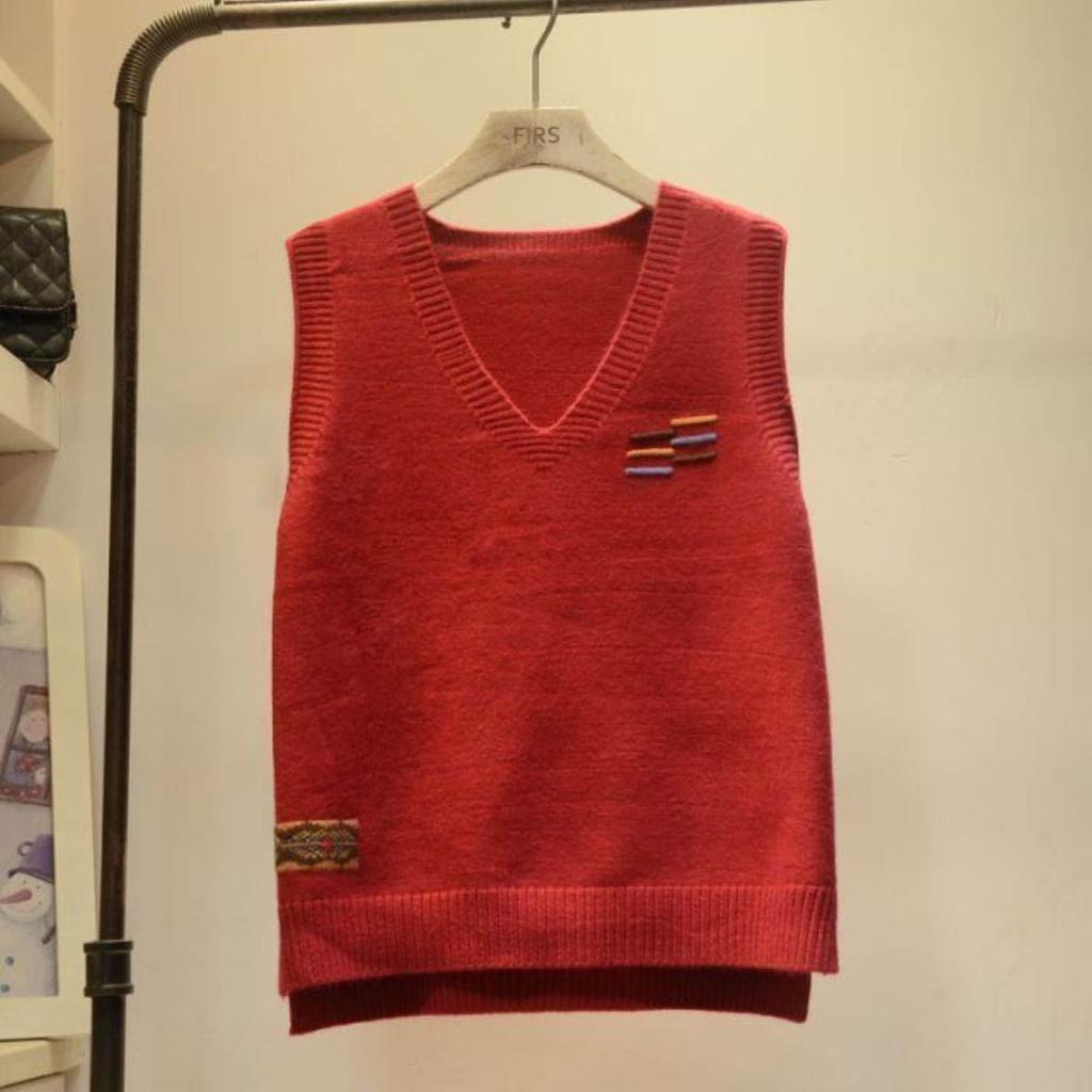 Jacquard Embroidered V-neck Knitted Contrast Ins Tank Top Student Women's Vest Sleeveless Sweater Pullover