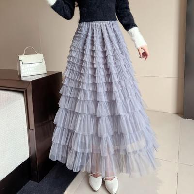Yousheng Women Cake Skirt Elastic High Waist A-Line Skirt Multi Layer Ruffle Trim Pure Color Maxi Skirt Work Leisure Daily Wear