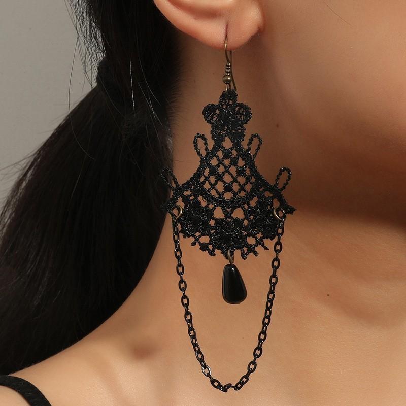 New European and American Popular Ethnic Style Retro Earrings Fringed Black Lace Earrings Jewelry
