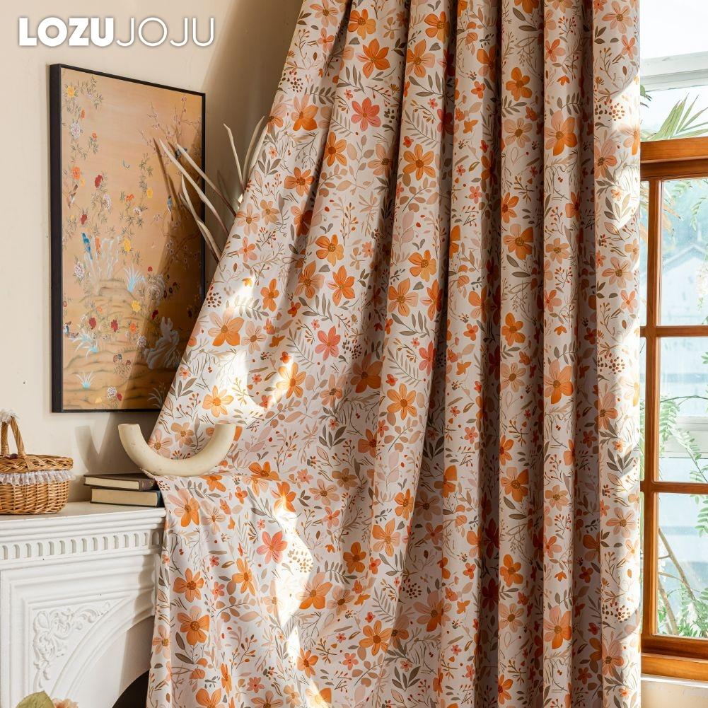 1PC LOZUJOJU French Vintage Orange Floral Print Blackout Curtain 100% Blackout Versatile Curtain for Bedroom Living Room Balcony Window for Home Decor