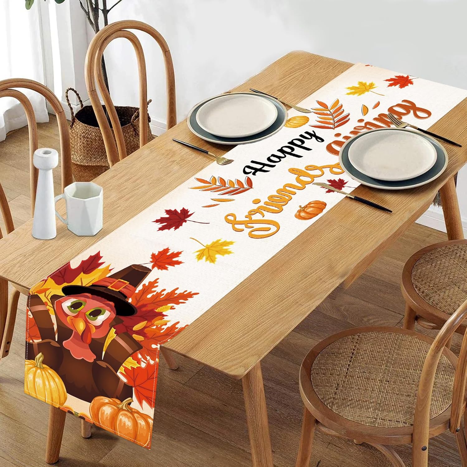 Friendsgiving Table Runner Friendsgiving Tablecloth 13x72in Long Linen Fall Turkey Maple Leaves Pumpkin Happy Friends Giving Runners for Indoor