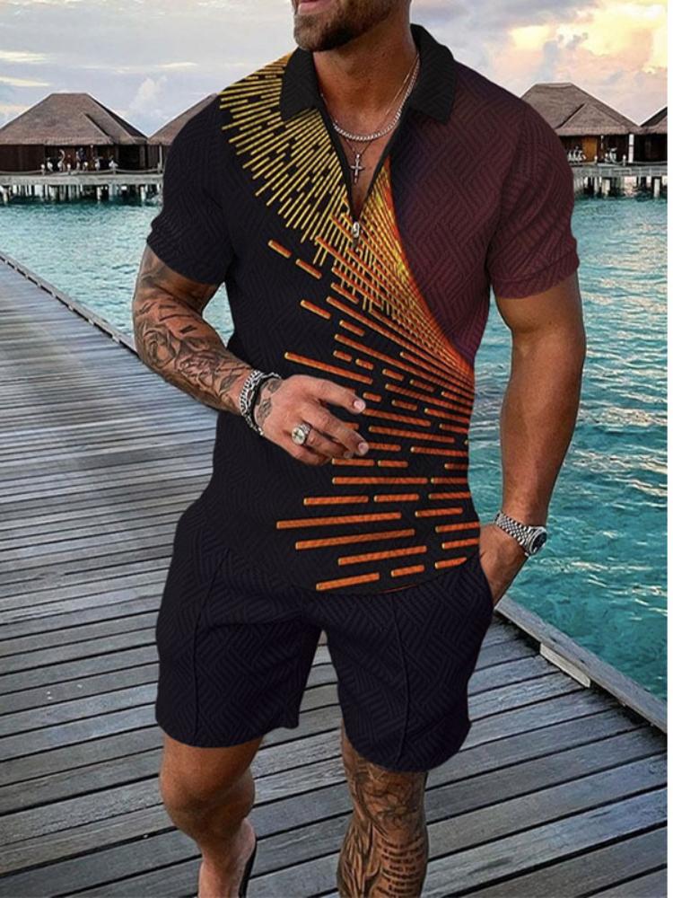 Polp Suit Men's New Printed Lapel Short-sleeved Pullover Casual Men's T-shirt Fashion Black Pink