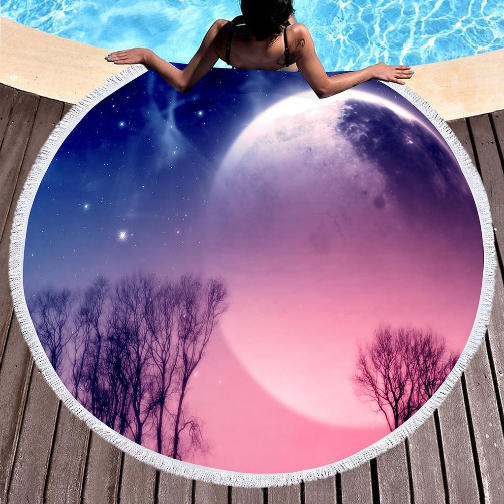 Celestial Bodies Moon Blue Night Sky Round Beach Blanket Super Soft Polyester Absorbent and Sandproof Beach Towel Picnic Blanket